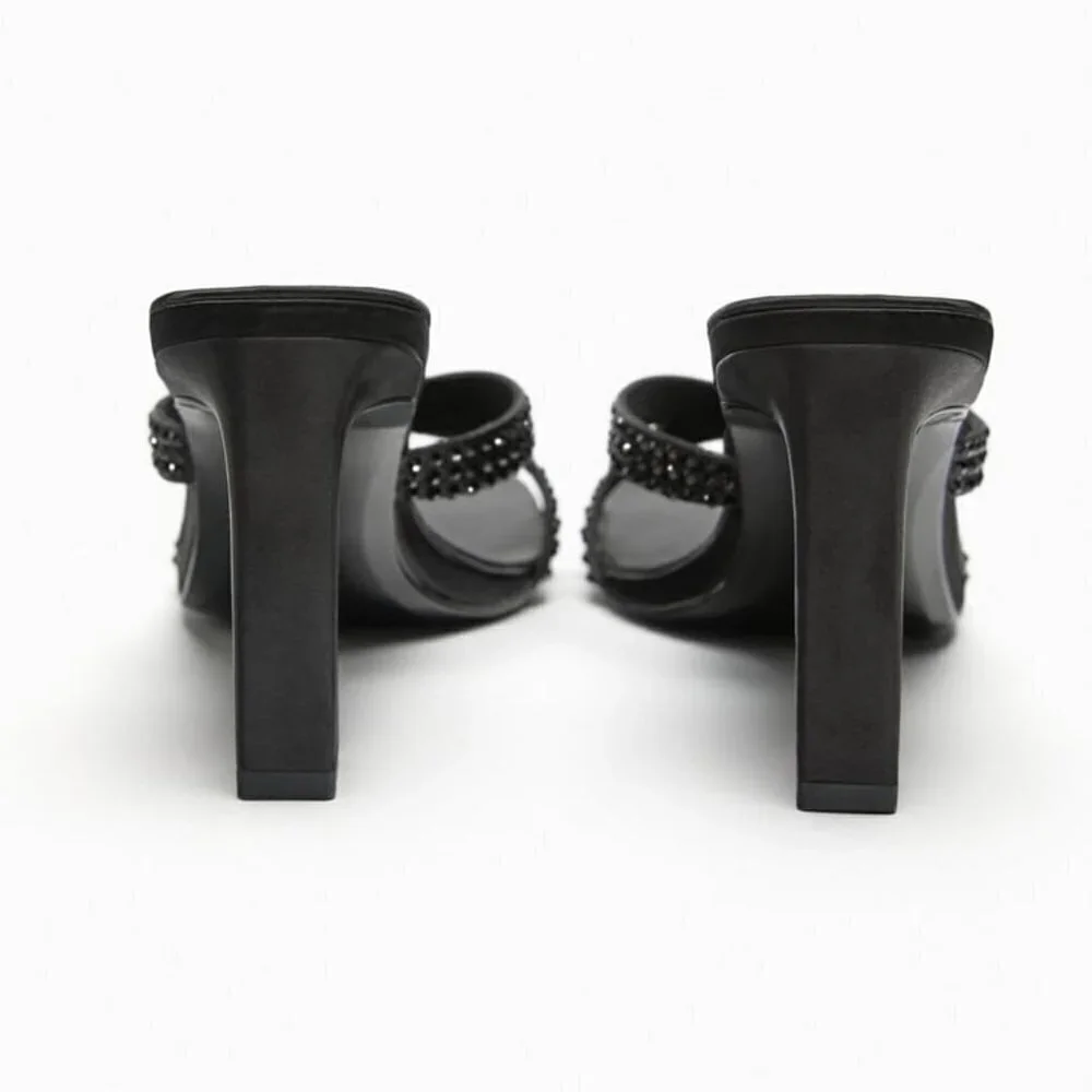 ZARA SATIN EFFECT RHINESTONE HEELED SANDALS BLACK SIZE 9 | 1815/110/800